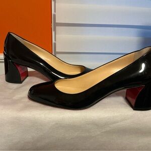 Christian Louboutin Black Patent Block Heel Pumps with Red Accent